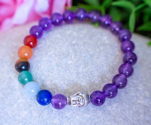 Bracelet perles d'Améthyste et 7 chakras Bouddha